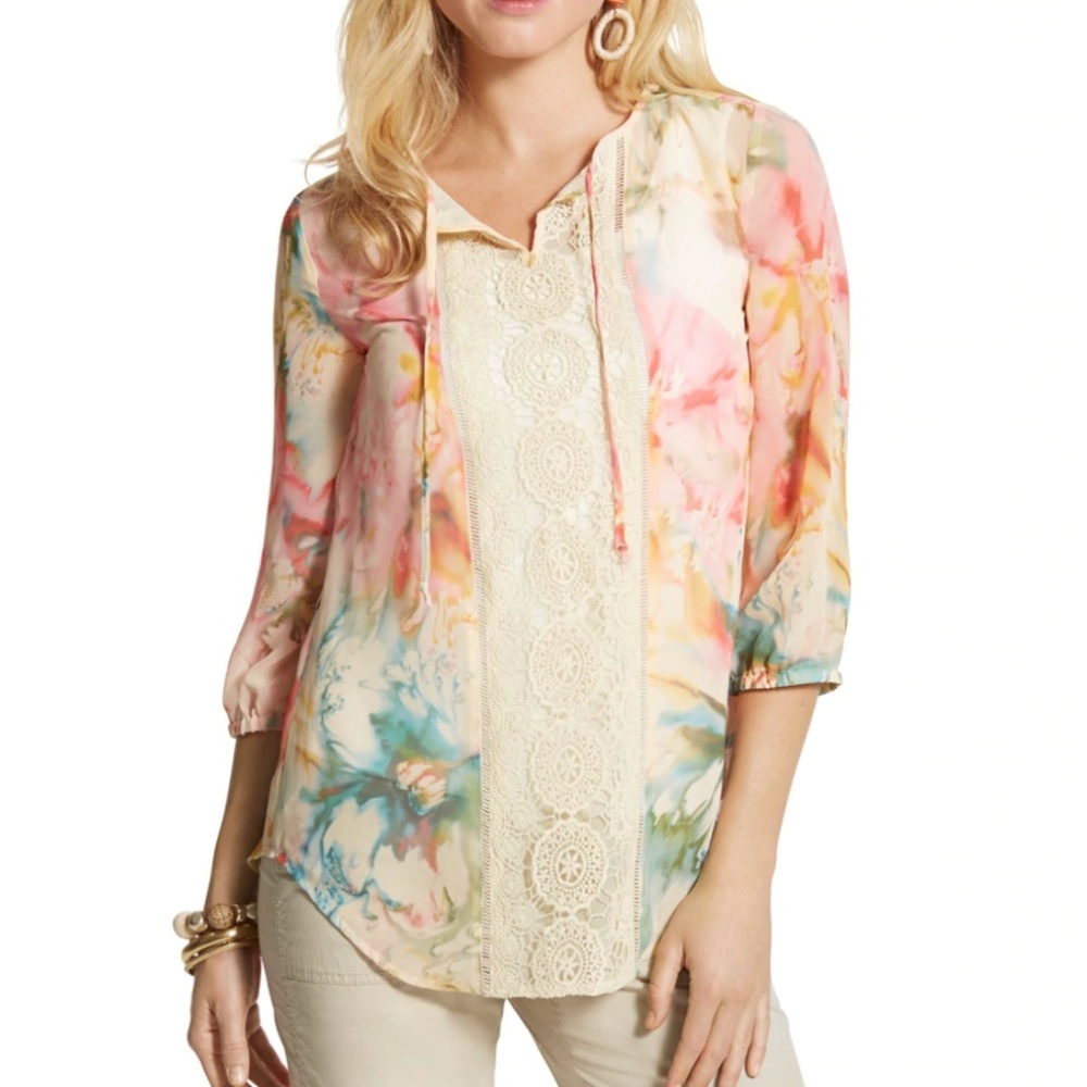 😊Chicos Diffused Floral Lynelle Sheer Shirt Sz 0/US 4 6 Small